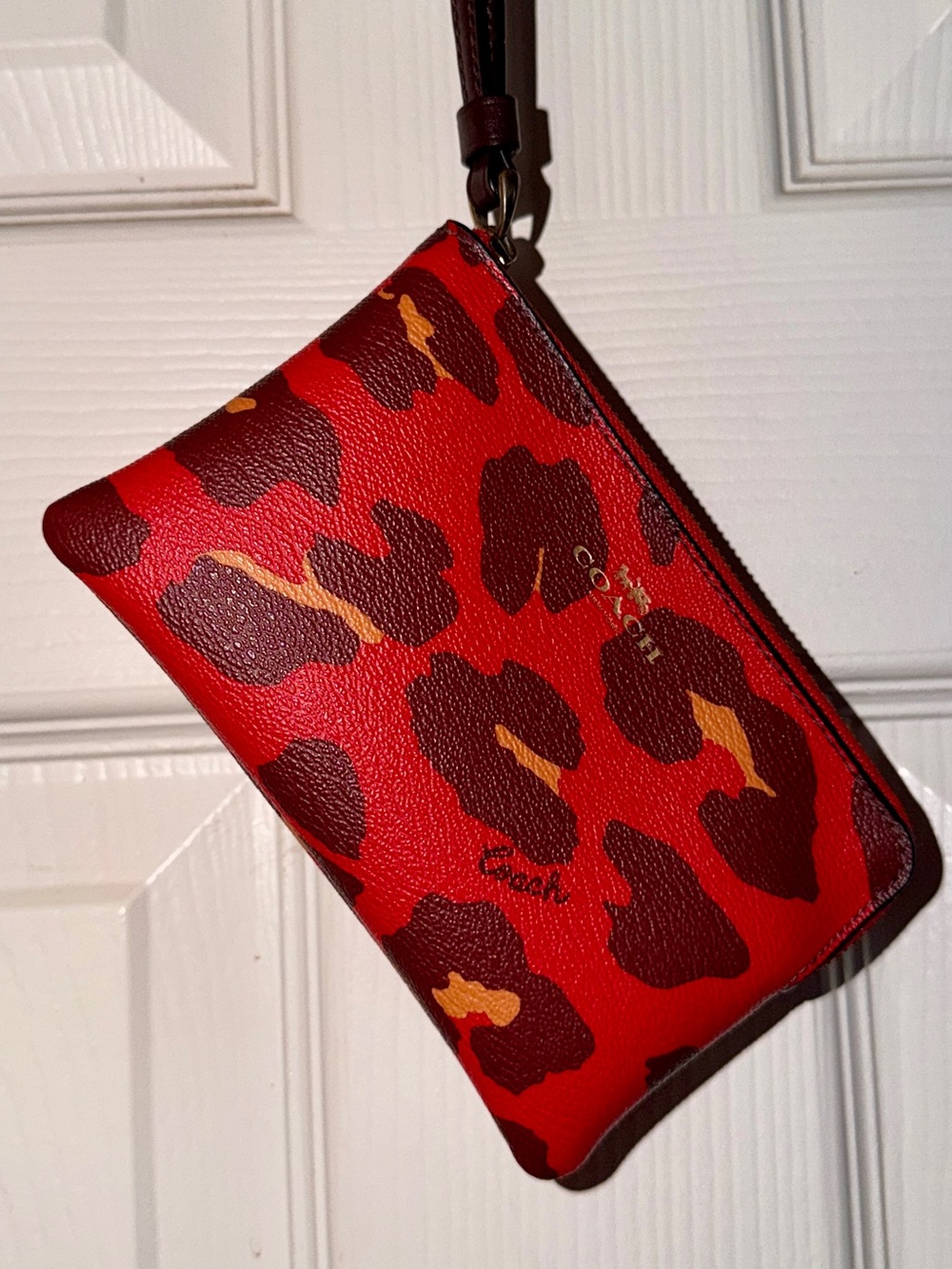 Authentic Coach Red Leopard Print Corner Zip Wristlet Pouch C2178